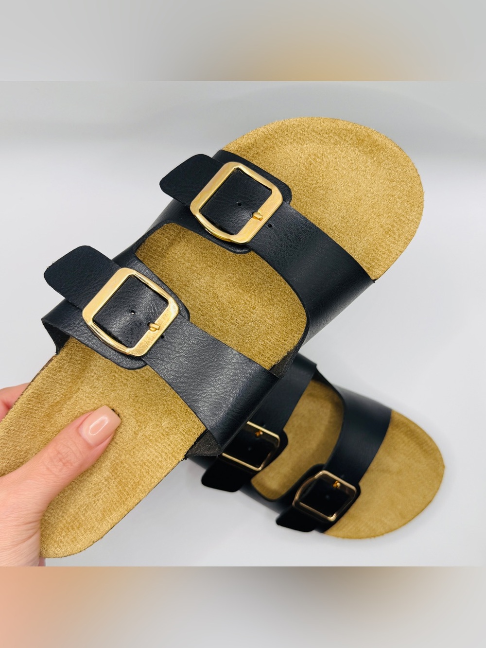 NWT Classic Double Buckle Black Cork Footbed Sandals - Size 10 - Picture 3 of 8
